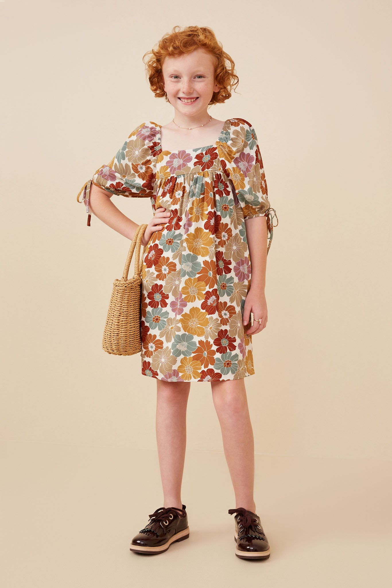 Earthy Floral Square Neck Tie Sleeve Dress