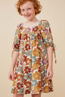 GY6466 Mustard Mix Girls Earthy Floral Square Neck Tie Sleeve Dress Front 2