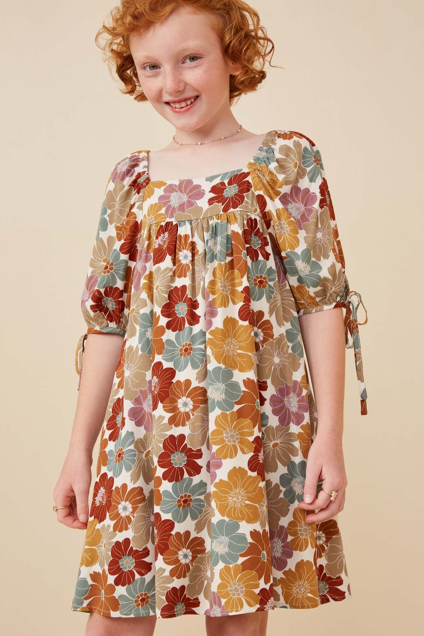 GY6466 Mustard Mix Girls Earthy Floral Square Neck Tie Sleeve Dress Front 2