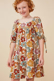 GY6466 Mustard Mix Girls Earthy Floral Square Neck Tie Sleeve Dress Front 2