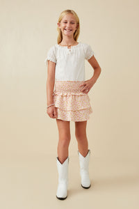 GY6486 PINK Girls Ditsy Floral Smocked Tiered Skirt Full Body