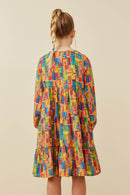 GY6493 Green Mix Girls Colorful Patch Print Long Sleeve Dress Back