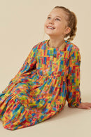 GY6493 Green Mix Girls Colorful Patch Print Long Sleeve Dress Pose