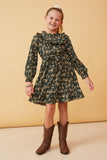 GY6496 Forest Girls Floral Print Ruffled Detailed Belted Dress Full Body