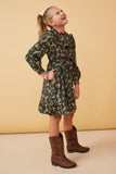 GY6496 Forest Girls Floral Print Ruffled Detailed Belted Dress Side