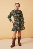 GY6496 Forest Girls Floral Print Ruffled Detailed Belted Dress Full Body 2