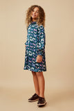 GY6499 Teal Girls Vibrant Butterfly Print Smocked Cuff Dress Full Body