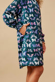 GY6499 Teal Girls Vibrant Butterfly Print Smocked Cuff Dress Detail