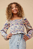 Satin Butterfly Print Smocked Long Sleeve Top