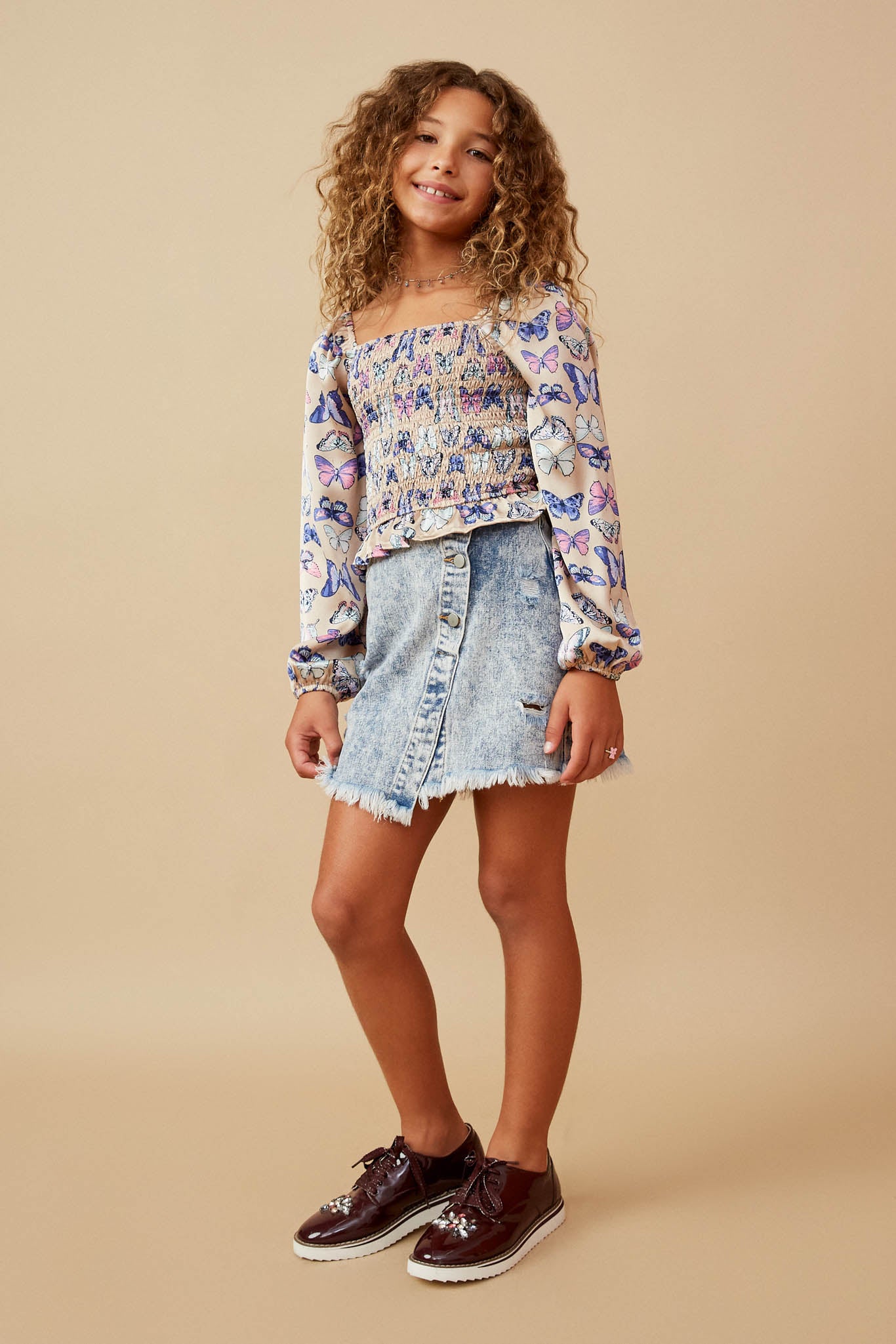 Satin Butterfly Print Smocked Long Sleeve Top
