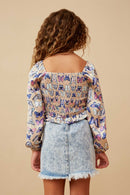 GY6503 TAUPE Girls Stain Butterfly Print Smocked Long Sleeve Top Back