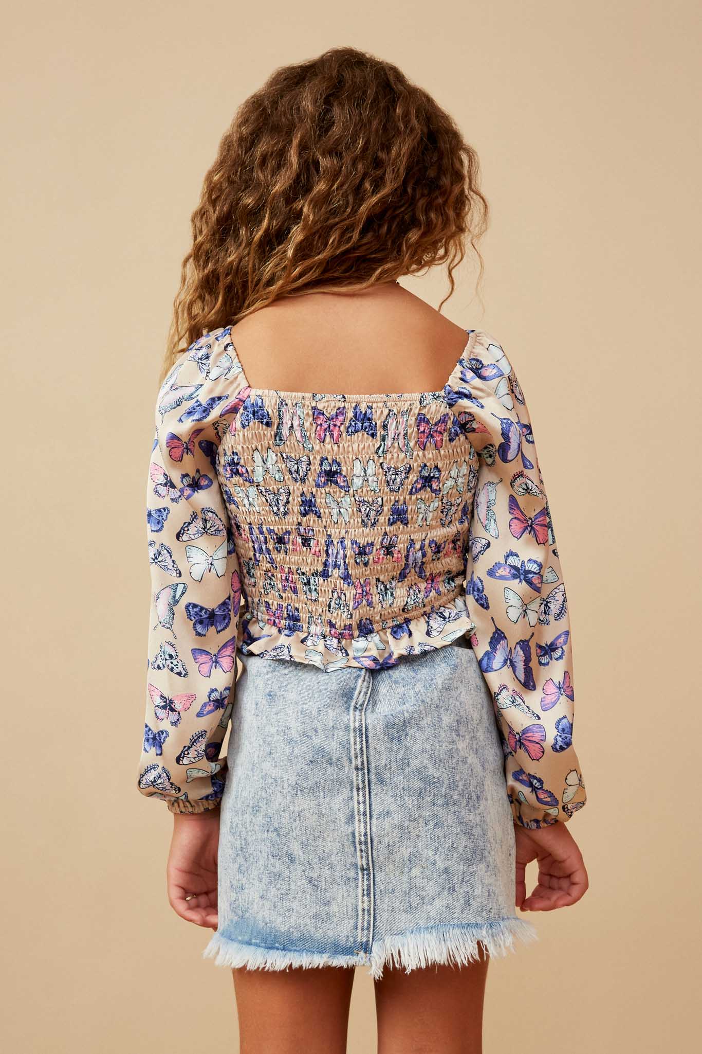 GY6503 TAUPE Girls Stain Butterfly Print Smocked Long Sleeve Top Back