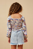 GY6503 TAUPE Girls Stain Butterfly Print Smocked Long Sleeve Top Back