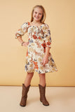 GY6517 RUST Girls Textured Floral  Smocked Square Neck Dress Full Body