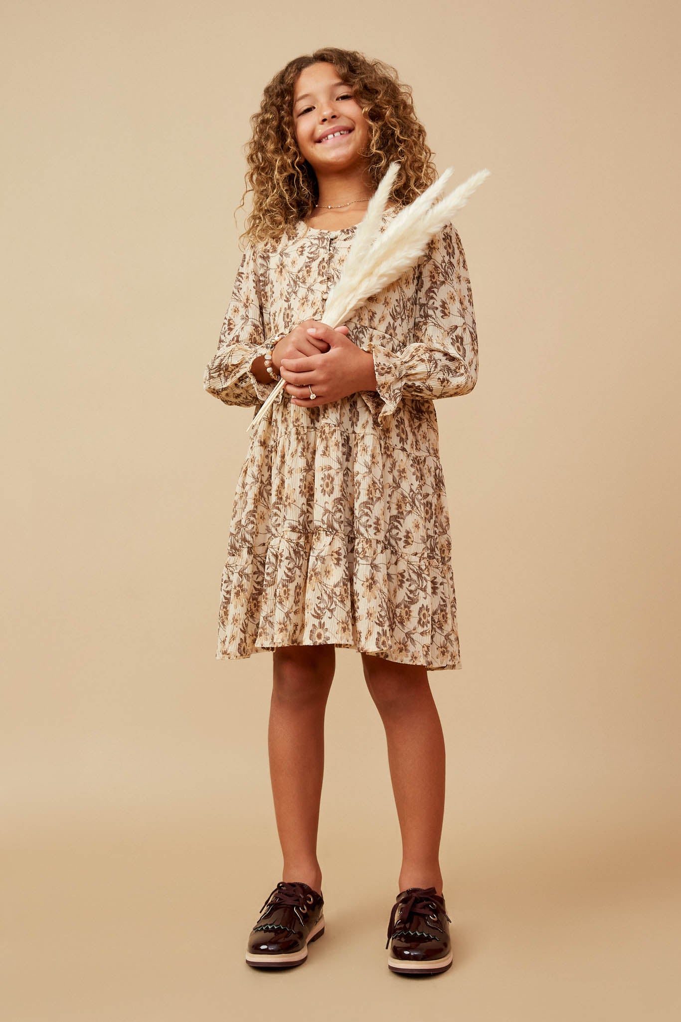 Textured Floral Print V Neck Tiered Dress