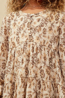 Girls Textured Floral Print V Neck Tiered Dress Deatil