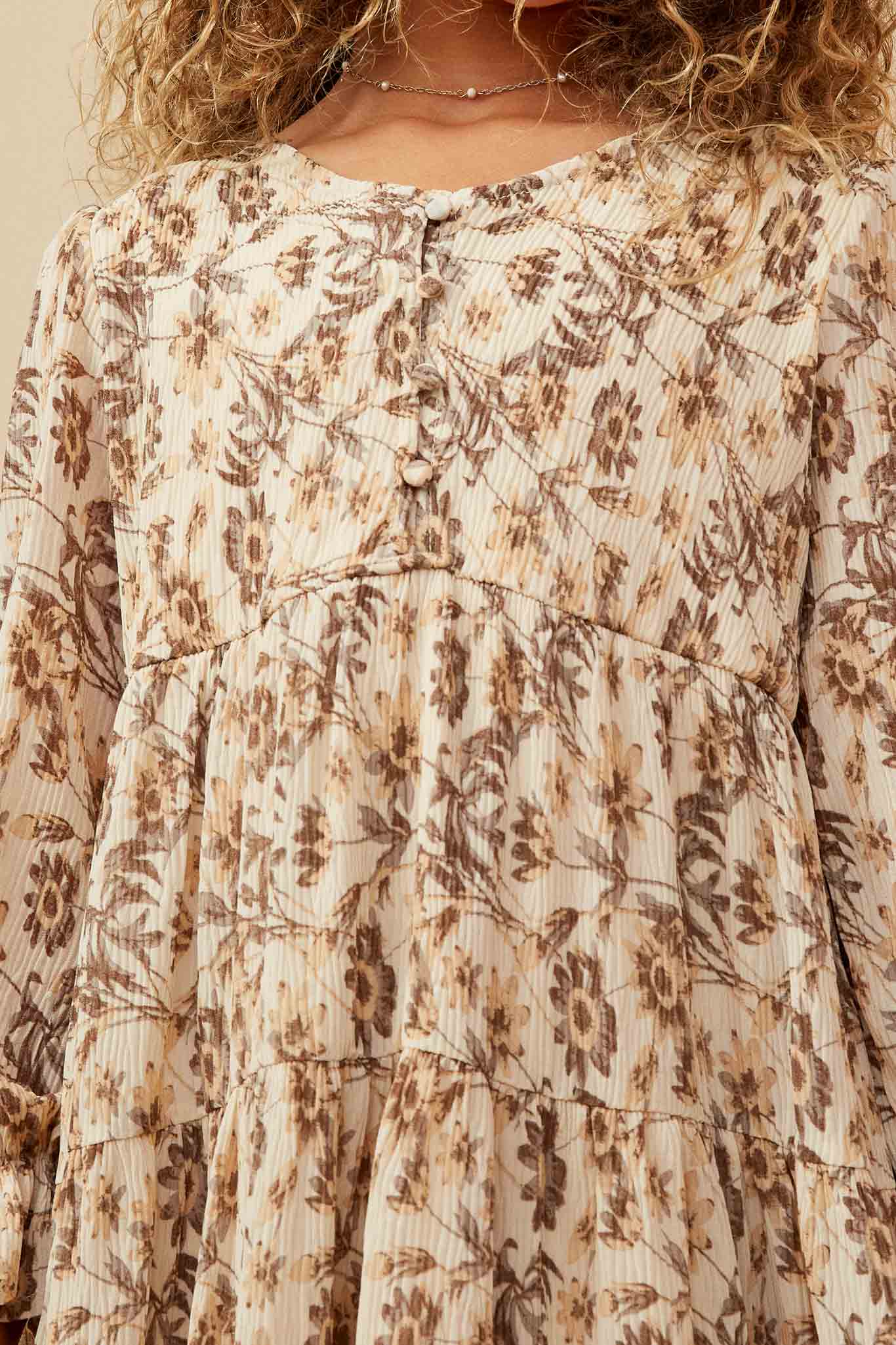 Girls Textured Floral Print V Neck Tiered Dress Deatil