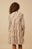 Girls Textured Floral Print V Neck Tiered Dress Back