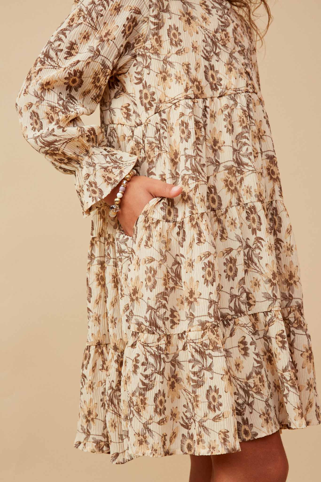 Girls Textured Floral Print V Neck Tiered Dress Side