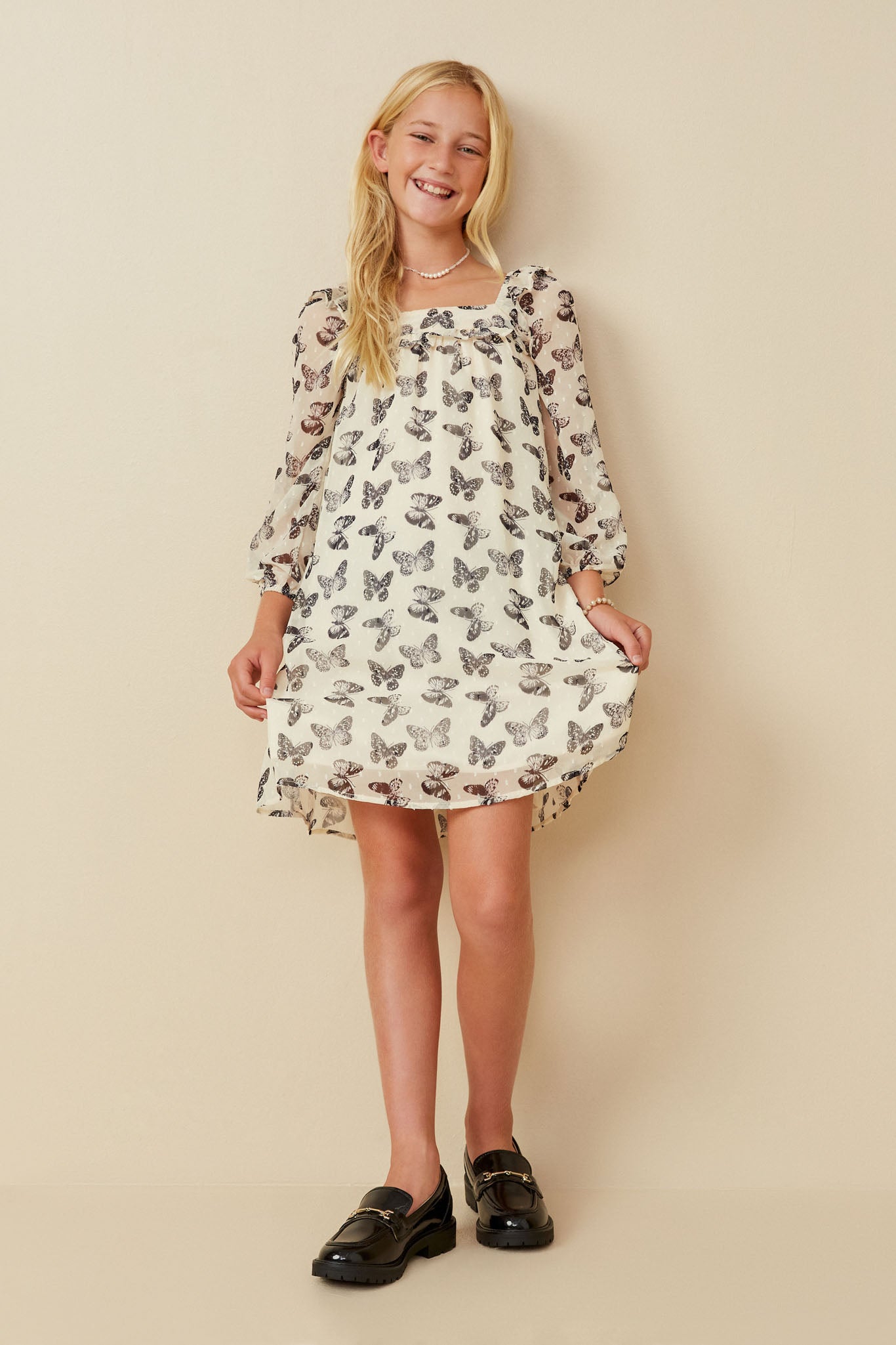 Butterfly Print Long Sleeve Ruffled Dress