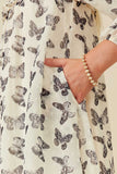 GY6530 OATMEAL Girls Textured Butterfly Print Long Sleeve Ruffled Dress Detail