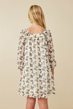 GY6530 OATMEAL Girls Textured Butterfly Print Long Sleeve Ruffled Dress Back