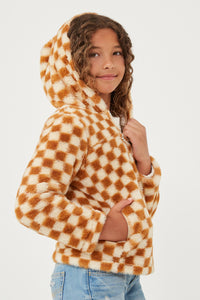 GY6531 Taupe Girls Checkered Half Zip Soft Fleece Hoodie Side