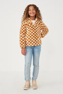 GY6531 Taupe Girls Checkered Half Zip Soft Fleece Hoodie Full Body