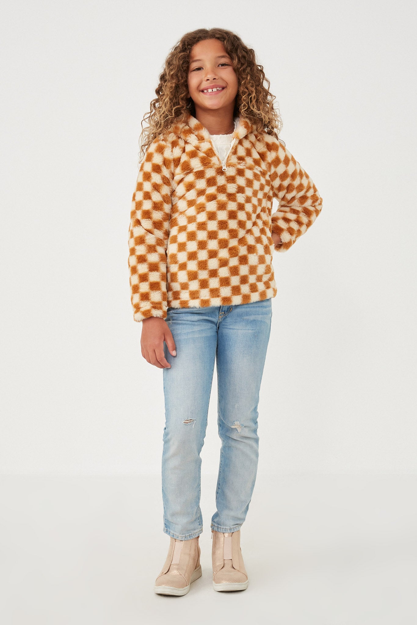 GY6531 Taupe Girls Checkered Half Zip Soft Fleece Hoodie Full Body