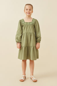 GY6532 Olive Girls Lace Trimmed Square Neck Tiered Dress Full Body