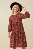 GY6541 BURGUNDY Girls Textured Floral Puff Sleeve Midi Dress Front