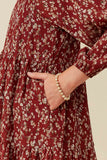 GY6541 BURGUNDY Girls Textured Floral Puff Sleeve Midi Dress Detail