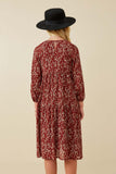 GY6541 BURGUNDY Girls Textured Floral Puff Sleeve Midi Dress Back