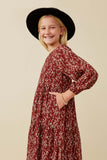 GY6541 BURGUNDY Girls Textured Floral Puff Sleeve Midi Dress Side