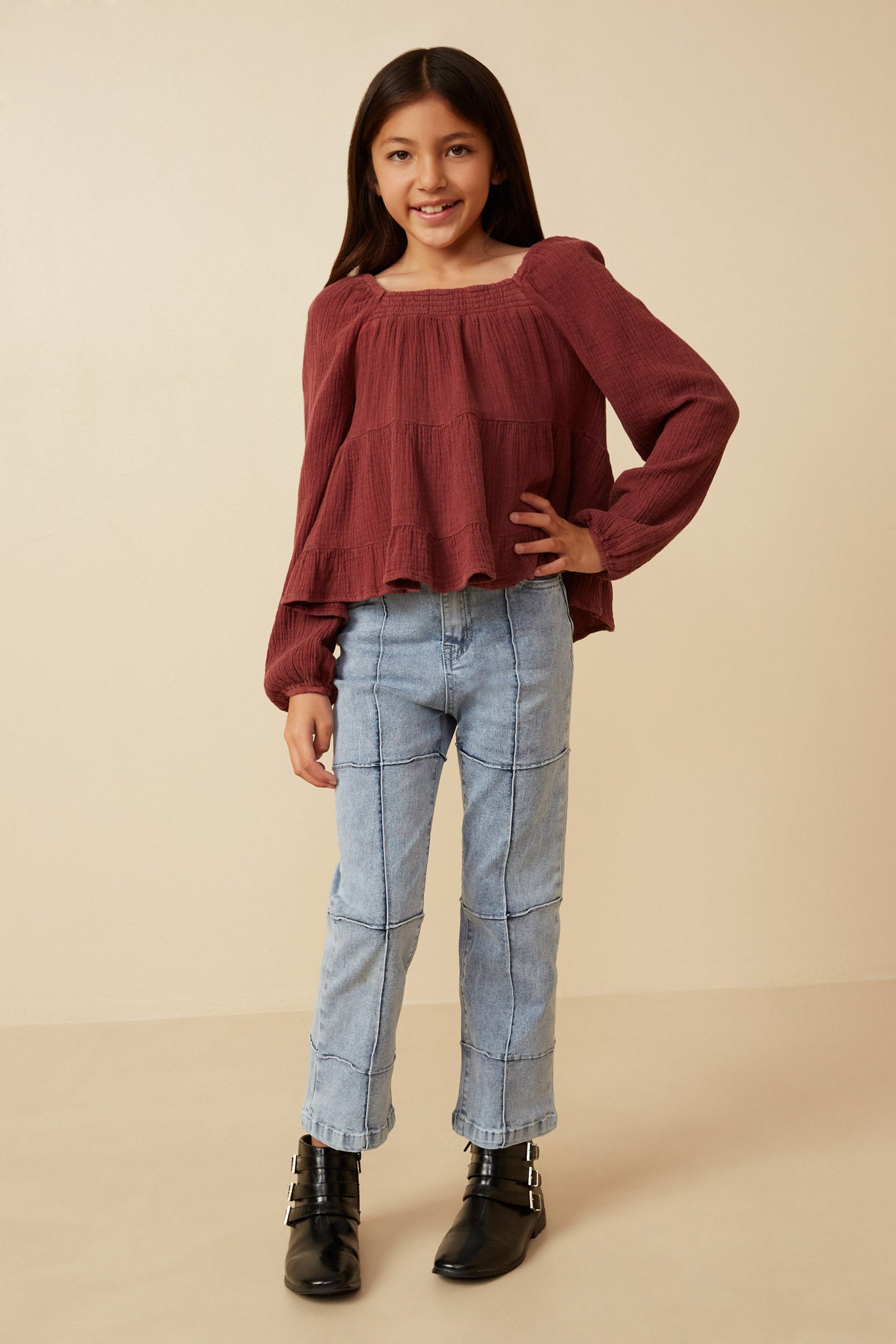 Smock Detailed Textured Washed Peplum Top