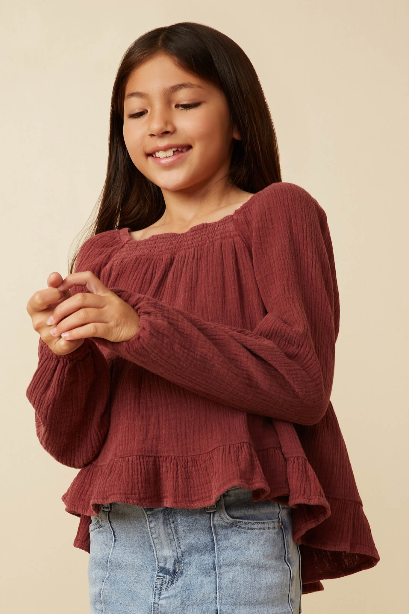 Girls Smock Detailed Textured Washed Peplum Top Detail