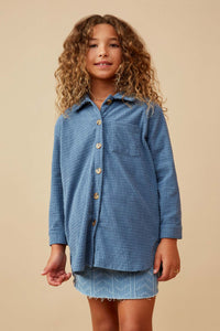 GY6552 BLUE Girls Textured Velvet Yarn Button Up Shacket Front