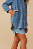 GY6552 BLUE Girls Textured Velvet Yarn Button Up Shacket Side