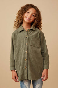 GY6552 OLIVE Girls Textured Velvet Yarn Button Up Shacket Front