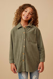 GY6552 OLIVE Girls Textured Velvet Yarn Button Up Shacket Front