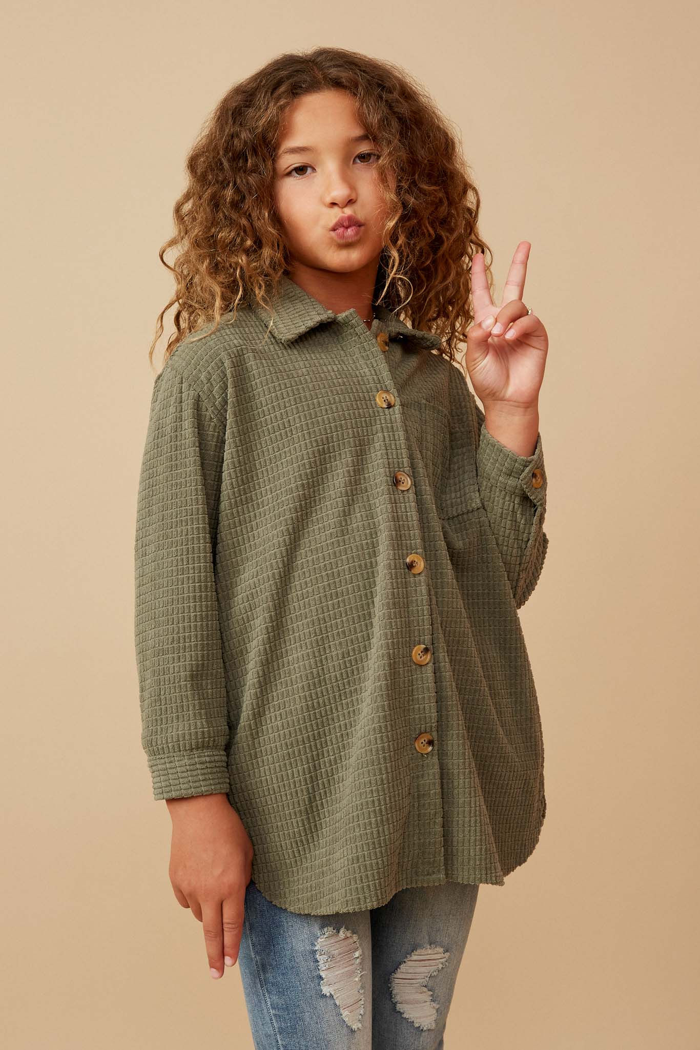 GY6552 OLIVE Girls Textured Velvet Yarn Button Up Shacket Front 2