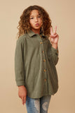 GY6552 OLIVE Girls Textured Velvet Yarn Button Up Shacket Front 2
