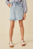 GY6559 Light Denim Girls Washed Frayed Hem Paper Bag Denim Skirt Front