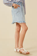 GY6559 Light Denim Girls Washed Frayed Hem Paper Bag Denim Skirt Side