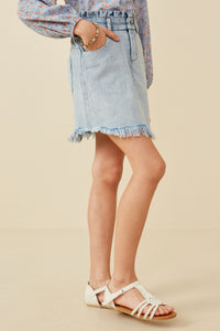 GY6559 Light Denim Girls Washed Frayed Hem Paper Bag Denim Skirt Side