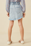 GY6559 Light Denim Girls Washed Frayed Hem Paper Bag Denim Skirt Back