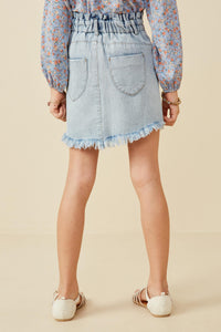 GY6559 Light Denim Girls Washed Frayed Hem Paper Bag Denim Skirt Back