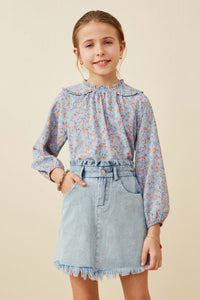 GY6559 Light Denim Girls Washed Frayed Hem Paper Bag Denim Skirt Front 2
