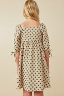 GY6575 Taupe Girls Textured Floral Print Tie Sleeve Dress Back