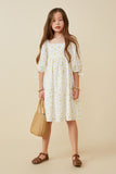 GY6604 YELLOW Girls Textured Ditsy Floral Square Neck Tie Sleeve Dress Full Body